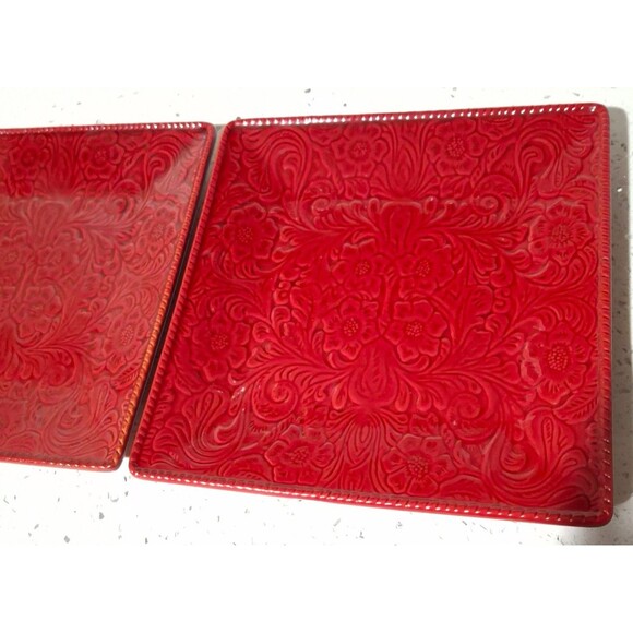 Rare HiEnd Accents Savanna Tooled Leather Look Salad Plates Stoneware  Set of 2 - Picture 2 of 9